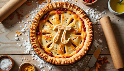 Decorative pie with Pi symbol on rustic table, celebrating Pi Day