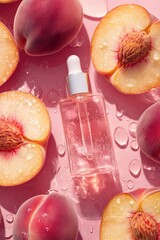 An artistic arrangement of ripe peaches surrounding a luxurious skin serum bottle, reflecting freshness and purity. © Inna beauty