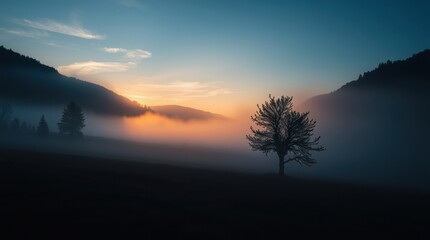 Obraz premium Solitary tree silhouetted against a misty sunrise, mountains in the background. Peaceful and serene landscape.