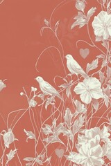 Hand-Drawn Art of Birds and Flowers with Coral Background Celebrating the Essence of Chinese New Year and the Symbolism of Good Fortune