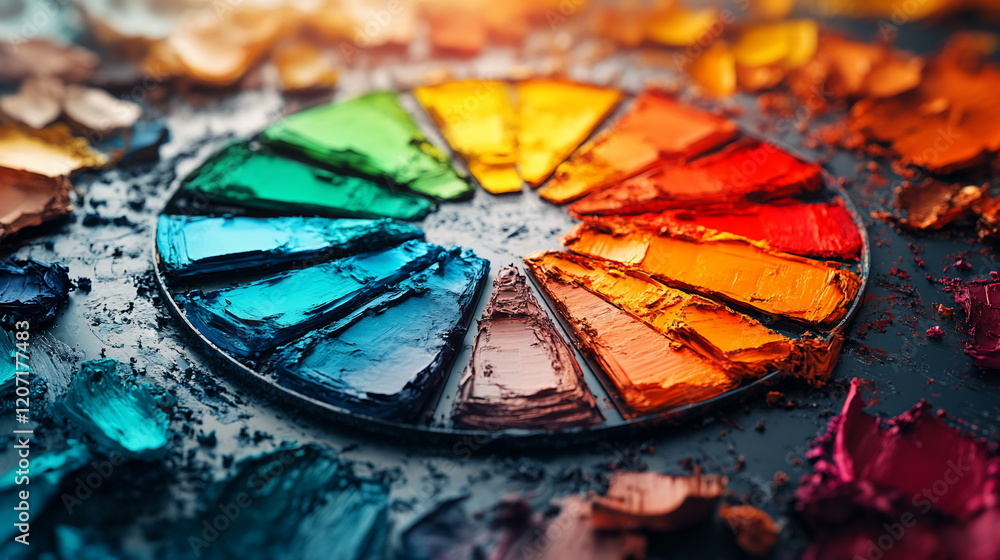 Poster vibrant color wheel surrounded by paint blobs on textured background