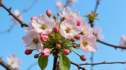 Obraz premium Cherry blossom buds against a clear blue sky