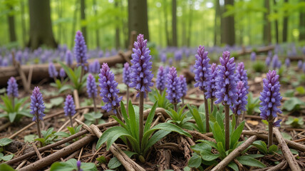 Fototapeta premium Blooming purple wildflowers in a lush green forest 