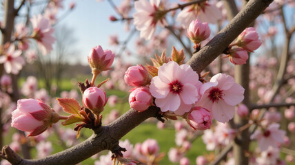 Obraz premium Pink cherry blossoms on tree branch in spring sunshine 
