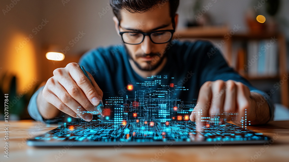 Poster Man Interacting with Digital Interface on Laptop in Modern Workspace