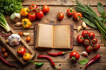 Fresh vegetables surround an open cookbook, resting on aged woodâ€”a tempting invitation to culinary adventures.