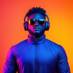 Neon Portrait of a Young Man Listening to Music with Style