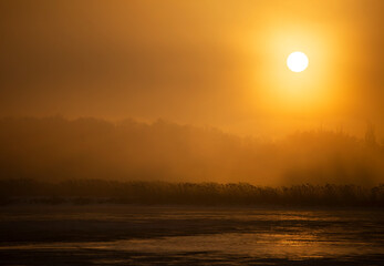 Zimowy, mglisty poranek nad stawem, wschód słońca,  © mycatherina