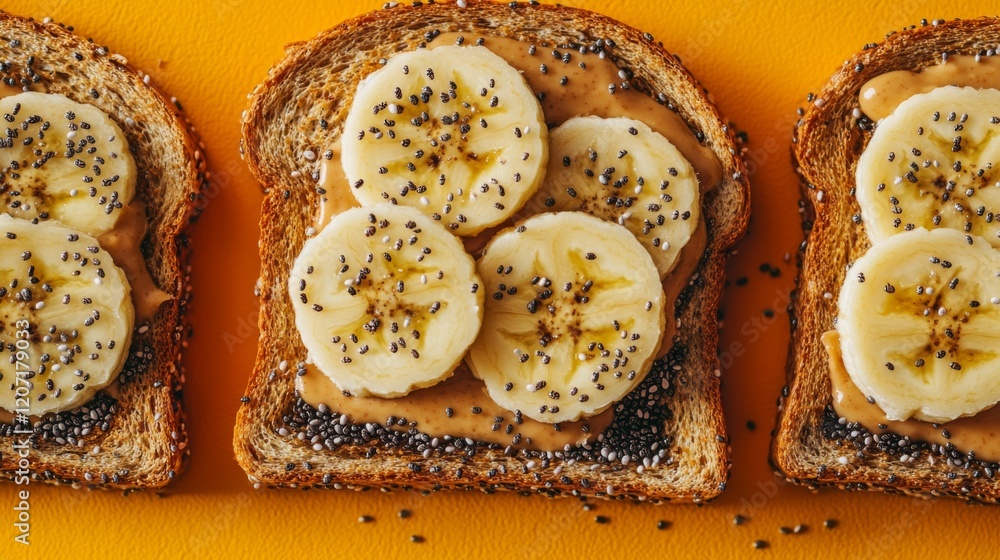 Poster A delightful image of toast with peanut butter and banana slices, sprinkled with chia seeds, arranged on a bright background, promoting a healthy snack option