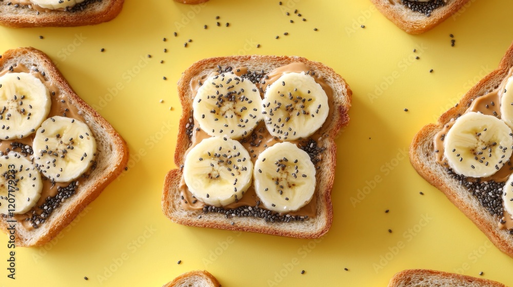 Poster A delightful image of toast with peanut butter and banana slices, sprinkled with chia seeds, arranged on a bright background, promoting a healthy snack option