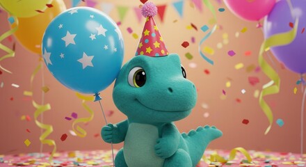 Fototapeta premium A cartoon dinosaur is holding a blue party balloon with a white stars and wearing a happy birthday party hat.