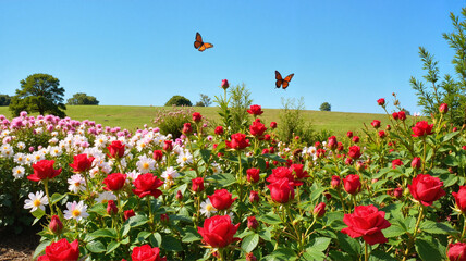 Rose field with butterflies in summer meadow