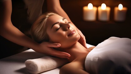 Obraz premium Una mujer joven y sonriente recibiendo un masaje en un salon de belleza con ambiente de velas encendidas