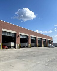 Naklejka premium A warehouse with large loading dock doors open and trucks parked outside