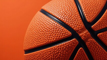 Close-up of basketball ball showing textured surface on orange background