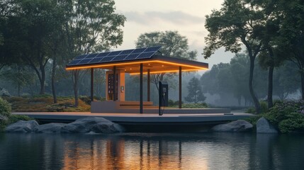 Solar Powered Bus Stop Pavilion in a Serene Park Setting