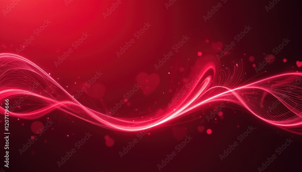Poster an abstract valentine’s day banner with swirling glowing lines forming heart shapes on a deep red gr