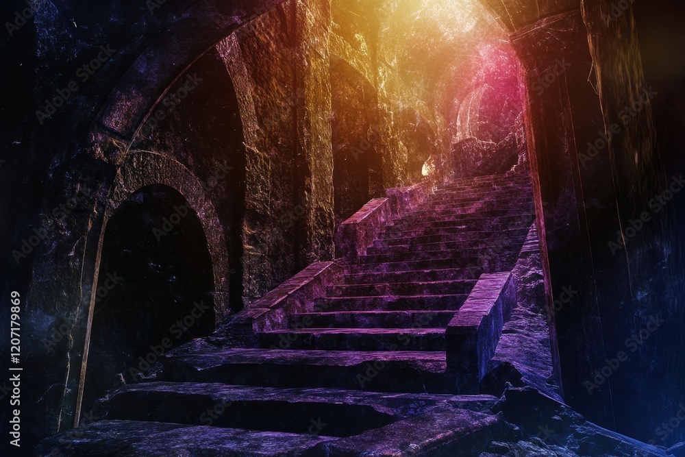 Poster mysterious stone stairs illuminated by colorful light in an ancient structure