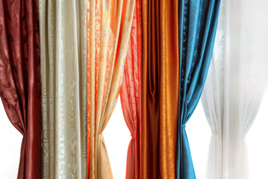 Multicolored drapery in bold shades of red, gold, and blue.