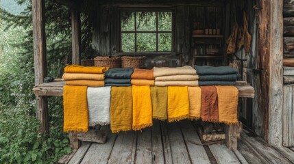 Naklejka premium Handwoven Textiles in Rustic Cabin Setting