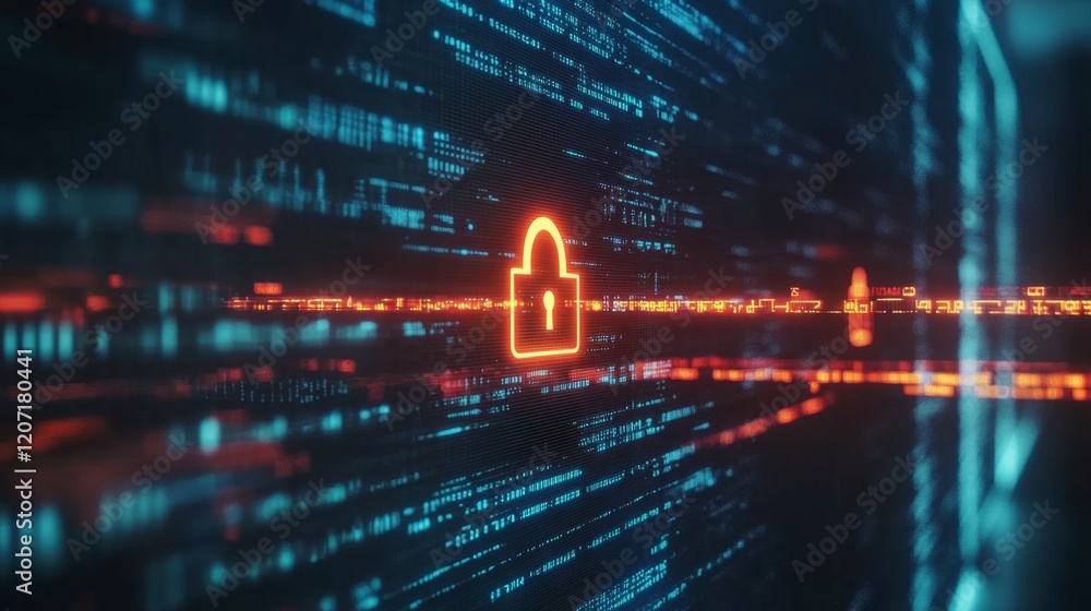 Poster a digital lock symbol overlaid on a computer screen displaying sensitive data, illustrating the conc