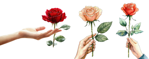 Watercolor painting of hands offering three roses red, peach, and orange.  Perfect for romance, love, or gifting concepts. On transparent background