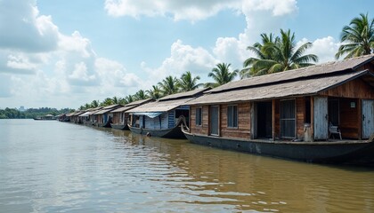 Obraz premium Floating houses along a river in South Asia surrounded by palm trees and blue skies 