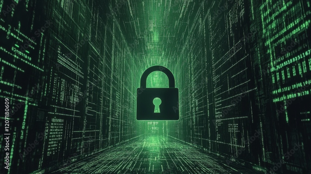 Poster a digital padlock on a computer screen, with binary code in the background, symbolizing online data 