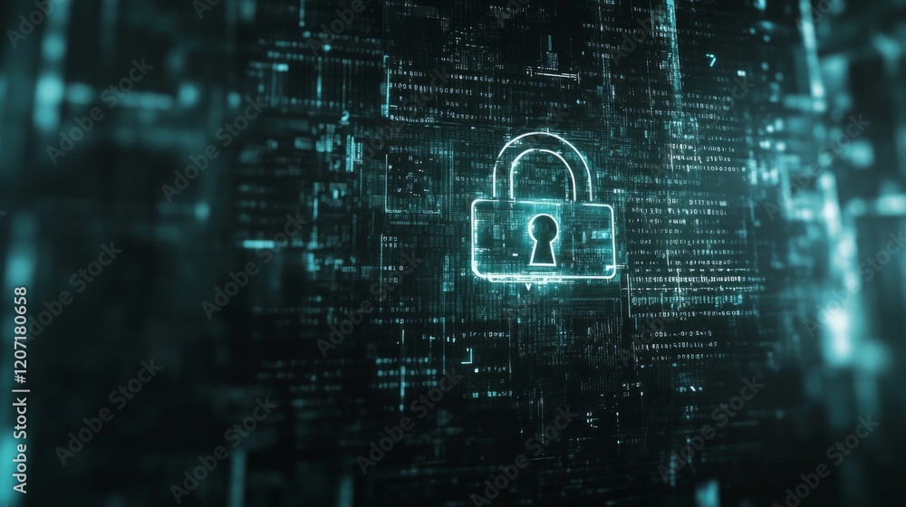 Poster a digital padlock on a computer screen, with binary code in the background, symbolizing online data 