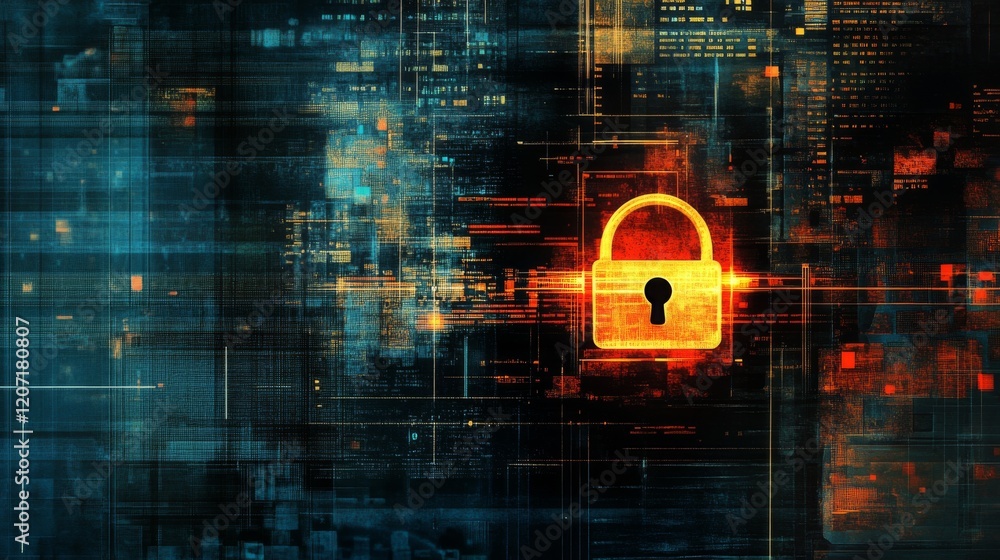 Poster a digital lock symbol overlaid on a computer screen displaying sensitive data, illustrating the conc