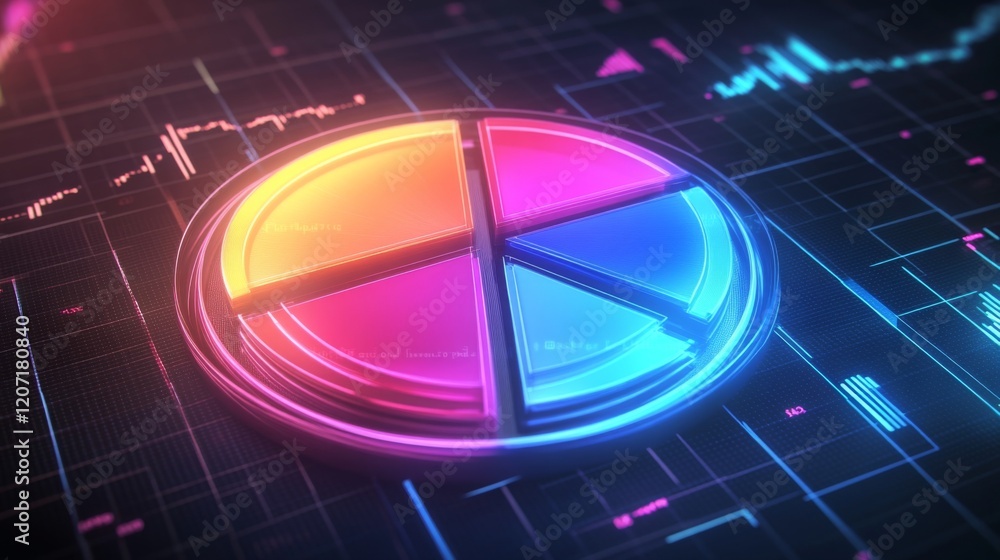 Aufkleber a digital pie chart with multicolored segments, glowing slightly against a dark grid background, con