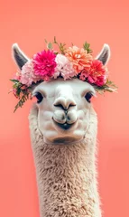 Charming llama with a vibrant flower crown portrait in front of a solid coral background