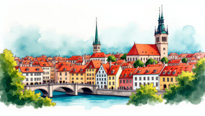 Fototapeta premium Hand-drawn watercolor Old Town Architecture representing the city's historic charm 