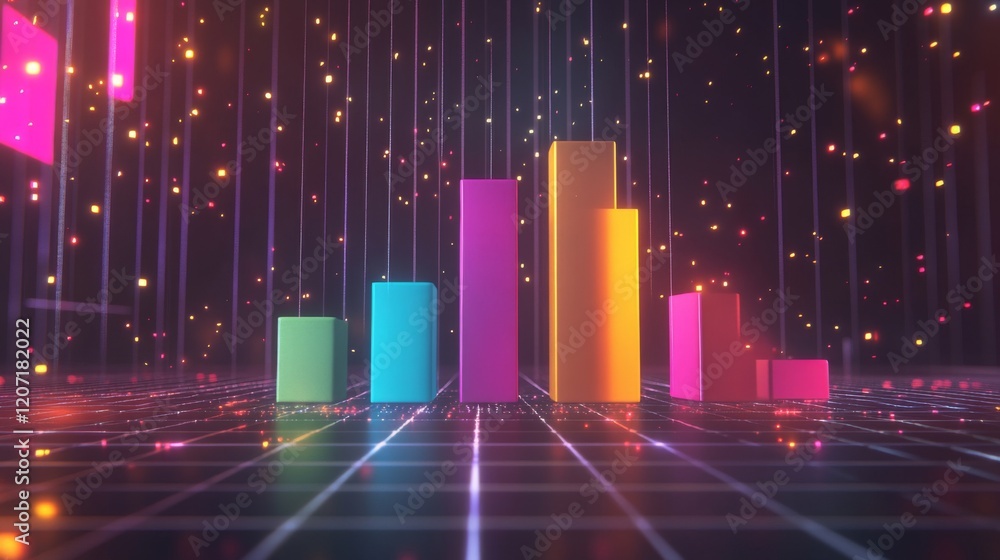 Poster a dynamic d bar graph with multicolored bars arranged in a rising trend, displayed on a digital grid
