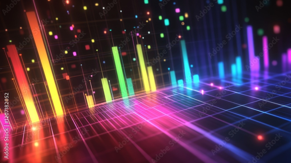 Poster a dynamic d bar graph with multicolored bars arranged in a rising trend, displayed on a digital grid