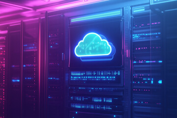 Icon cloud in server room, Abstract concept of cloud computing, symbolizing the connection technology.