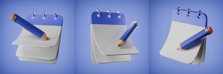 Set of Blue Note Calendar With Pencil for Schedule or Appointment Concept 3D Illustration