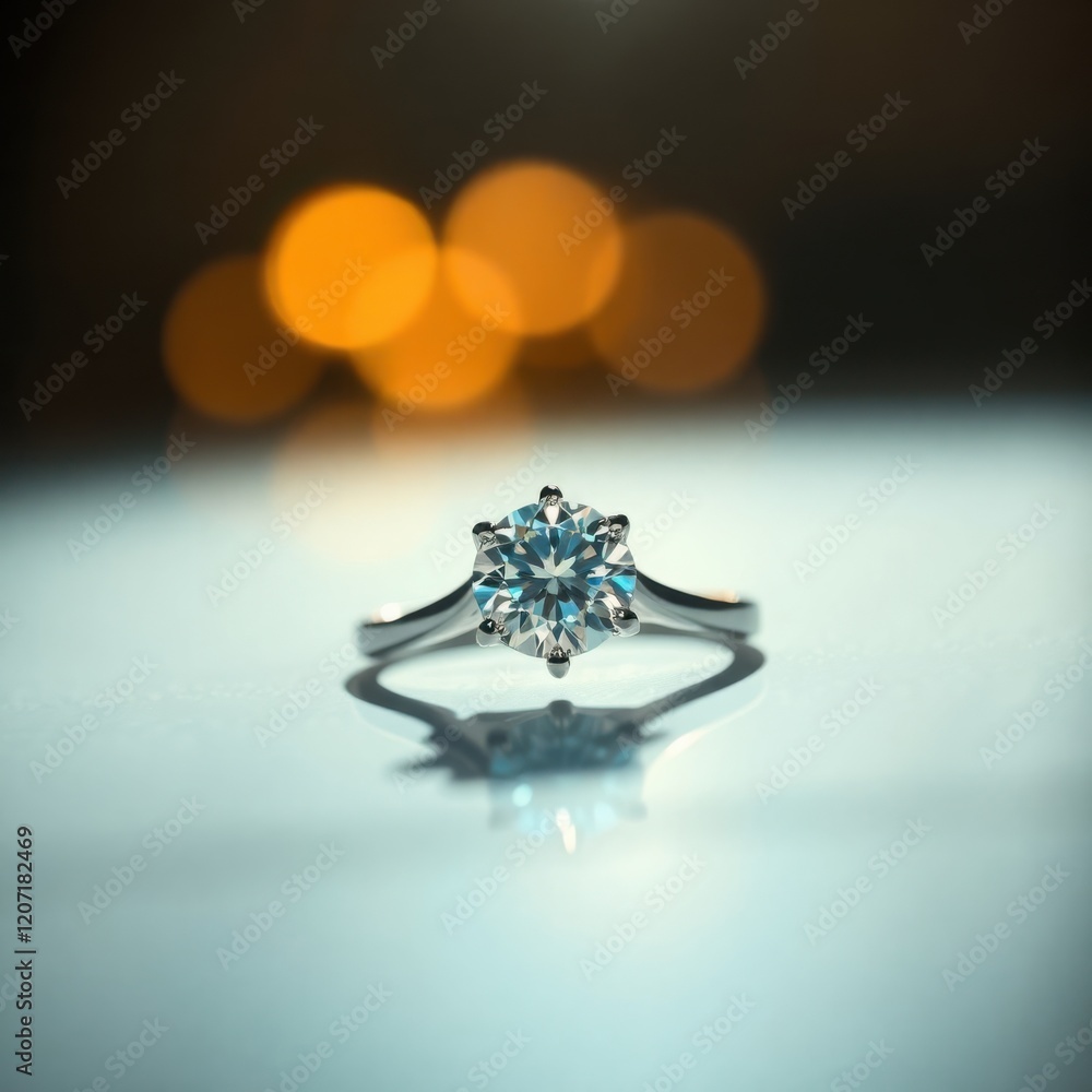 Poster solitaire diamond ring on a reflective surface, illuminated by soft bokeh lights in the background. 