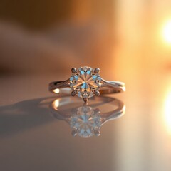 Fototapeta premium Sparkling diamond ring reflects the warm sunset light. A symbol of love and commitment, captured in a moment of golden beauty.