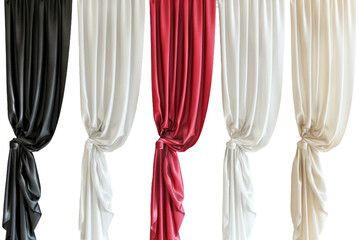 Elegant red, white, and black drapes, beautifully arranged and isolated