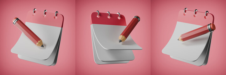 Set of Red Note Calendar With Pencil for Schedule or Appointment Concept 3D Illustration
