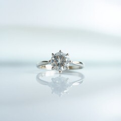 Sparkling solitaire diamond ring on a reflective surface. Elegant and classic jewelry design.
