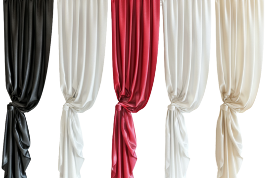 Elegant red, white, and black drapes, beautifully arranged and isolated