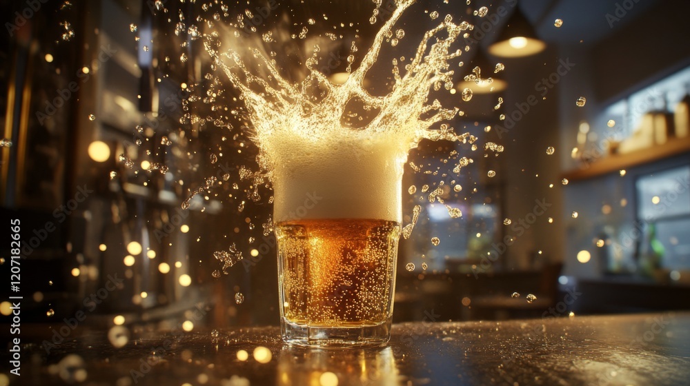 Poster A dynamic image of a pint of beer being poured into a glass, with droplets of liquid splashing and creating a lively and energetic scene