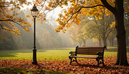 Charming antique street lamp by park bench in serene city park, nostalgia