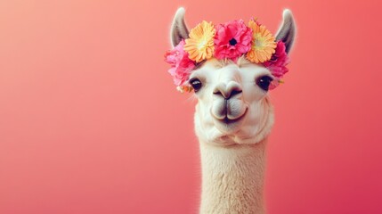 Fototapeta premium A whimsical llama portrait wearing a floral crown against a vibrant salmon background color