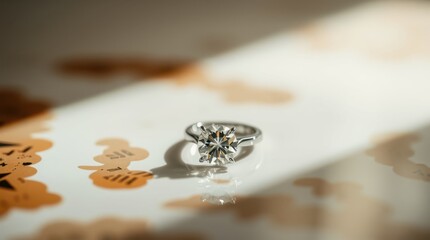 Sparkling solitaire diamond engagement ring on a subtly patterned surface. Sunlight creates a beautiful reflection.
