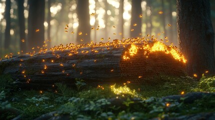 Bees Swarm Forest Log Honeycomb Sunrise