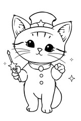 Obraz premium A black and white drawing of a cute kitten as a magician. He holds a magic wand and looks like a real hero. Suitable for coloring.