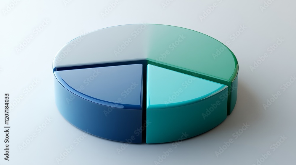 Poster a dynamic pie chart with segmented portions in shades of blue and green, placed on a minimalist gray